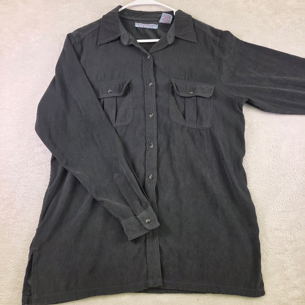 Gloria Vanderbilt Stretch Gray Button Down Utility Shirt Long Sleeve Medium